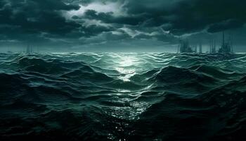 dunkel stürmisch Nacht, Achtung lauert unter Wasser Geheimnis generiert durch ai foto