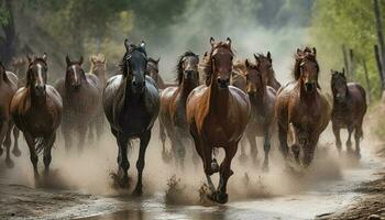 Laufen Herde von Pferde grasen im Wiese generiert durch ai foto