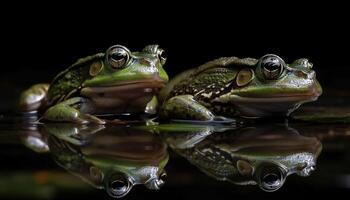 Grün Ochsenfrosch Sitzung auf nass Teich Betrachtung generiert durch ai foto