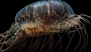 glühend cnidarian schwebt im dunkel unter Wasser Raum generiert durch ai foto