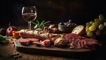 rustikal Mahlzeit von geräuchert Fleisch, brot, und Wein generiert durch ai foto