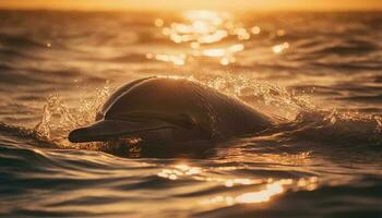 spielerisch Delfin planschen im das Blau Wellen generiert durch ai foto