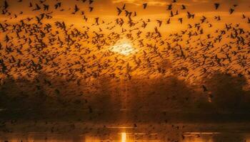 glühend Tier Silhouette fliegend im beschwingt Sonnenuntergang generiert durch ai foto