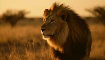 majestätisch Löwin Gehen durch afrikanisch Savanne beim Dämmerung generiert durch ai foto