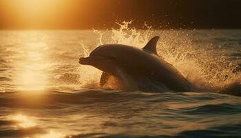 spielerisch Delfin Springen im das Sonnenuntergang sprühen generiert durch ai foto