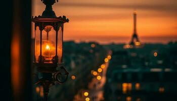 glühend Laternen erleuchten das alt Stadt Straßen generiert durch ai foto