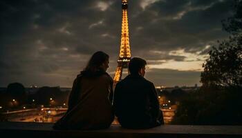 jung Paar Umarmen im von hinten beleuchtet Stadt Horizont generiert durch ai foto