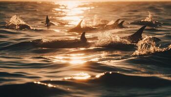 spielerisch Delfin planschen im still Sonnenuntergang Wasser generiert durch ai foto