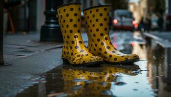 Gelb Gummi Stiefel Spritzen durch schlammig Hochwasser generiert durch ai foto