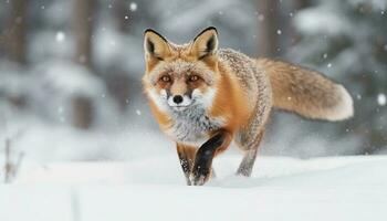 süß rot Fuchs Laufen im schneebedeckt Wald generiert durch ai foto