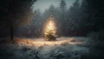 eisig Kiefer Bäume erleuchten gespenstisch Winter Nacht generiert durch ai foto