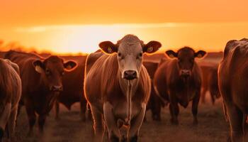 Herde Weiden lassen auf Grün Wiese beim Sonnenuntergang generiert durch ai foto