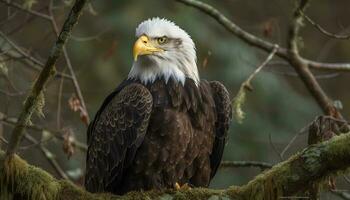 majestätisch kahl Adler sich niederlassen auf Baum Ast generiert durch ai foto