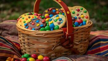 Picknick Korb gefüllt mit bunt Früchte und Süßigkeiten generiert durch ai foto