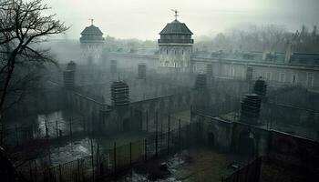 uralt Kathedrale steht hoch im gespenstisch Nebel generiert durch ai foto