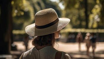 jung Frau genießen Natur auf Sommer- Ferien generiert durch ai foto