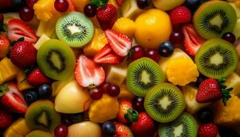 beschwingt Obst Salat Kiwi, Erdbeere, orange, Traube generiert durch ai foto