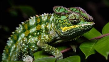 multi farbig Gecko auf Grün Ast im Wald generiert durch ai foto