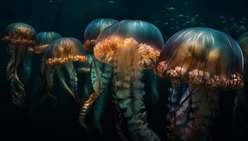 glühend Meduse Tentakeln schwimmen im dunkel Wasser generiert durch ai foto