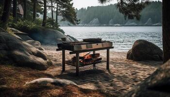 gegrillt Fleisch auf ein Lagerfeuer, Herbst Ruhe generiert durch ai foto