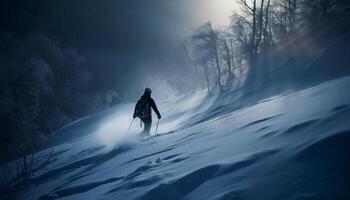 einer Person Skifahren Nieder ein schneebedeckt Berg generiert durch ai foto