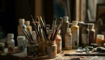 Handwerker Werkstatt Werkzeug, malen, und Kreativität reichlich generiert durch ai foto