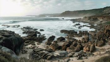brechen Wellen Absturz gegen erodiert Cliff Felsen generiert durch ai foto