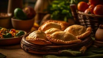 frisch hausgemacht Vegetarier Mahlzeit auf rustikal Holz Tabelle generiert durch ai foto