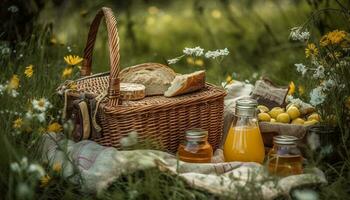 frisch organisch Mahlzeit im Korbweide Picknick Korb generiert durch ai foto