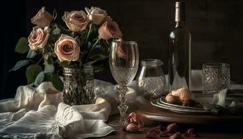 Luxus Wein Flasche, Gläser, und Gourmet Essen generiert durch ai foto