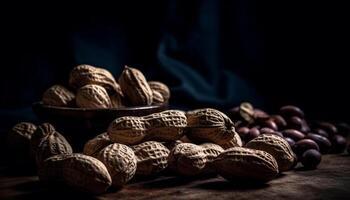 organisch Nüsse auf Holz Tisch, gesund Snack generiert durch ai foto