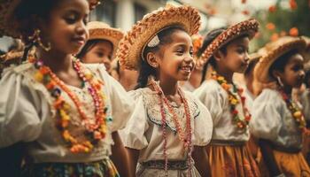 Gruppe von Menschen im traditionell Kleidung Tanzen glücklich generiert durch ai foto