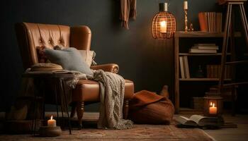 gemütlich Leben Zimmer mit modern Dekor und Kerzenlicht generiert durch ai foto
