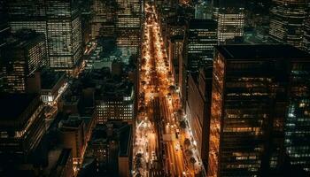 glühend Wolkenkratzer erleuchten das Stadt beim Dämmerung generiert durch ai foto