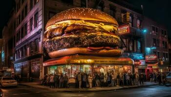 Nachtzeit Burger Joint im Stadt Beleuchtung Raserei generiert durch ai foto