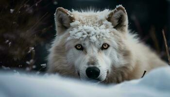 süß samoyed Hündchen Sitzung im schneebedeckt Wald generiert durch ai foto