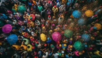 bunt Regenschirme Spritzen Freude im überfüllt thailändisch Parade generiert durch ai foto