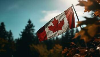 kanadisch Flagge Wellen im beschwingt Herbst Wald generiert durch ai foto
