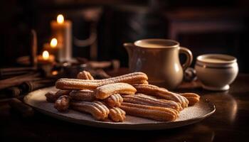 Süss Dessert auf rustikal Holz Tabelle drinnen generiert durch ai foto