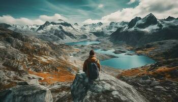 Backpacker Wandern Berg Gipfel genießt extrem Terrain Abenteuer generiert durch ai foto