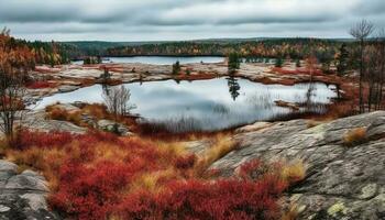 still Herbst Wald, beschwingt Farben reflektieren Schönheit generiert durch ai foto