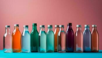 beschwingt farbig Glas Flaschen vereinbart worden im ein Reihe generiert durch ai foto