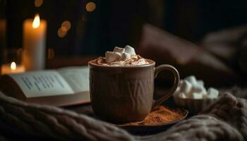 gemütlich Winter Nacht mit heiß Schokolade und Buch generiert durch ai foto
