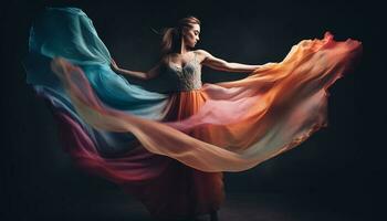 elegant Ballett Tänzer im Seide Kleid durchführen anmutig generiert durch ai foto