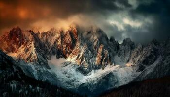 majestätisch Berg Gipfel, Schnee bedeckt, still Szene generativ ai foto