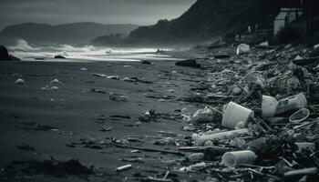Müll Dump Ruinen Meereslandschaft, Verschmutzung Achtung voraus generiert durch ai foto