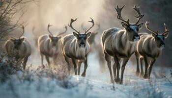 gehörnt Hirsch Stehen im schneebedeckt Wildnis Bereich generativ ai foto