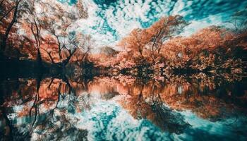 Herbst Baum spiegelt beschwingt Farben auf Wasser Oberfläche generiert durch ai foto