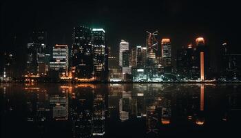 glühend Wolkenkratzer reflektieren auf das direkt am Wasser beim Dämmerung generativ ai foto