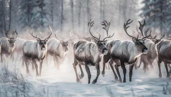 Herde von Hirsch Weiden lassen im schneebedeckt Wald generiert durch ai foto